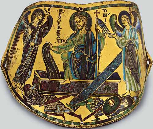 Наплечник (армилла) «Воскресение Христово». Около 1170–1180. Мозельская школа. Золоченая медь; выемчатая эмаль, перегородчатая эмаль. Лувр, Париж
