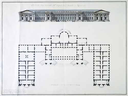 Джакомо Кваренги. Александровский дворец в Царском Селе. План и главный фасад. Около 1792 года. Кисть, перо, тушь, акварель, карандаш
