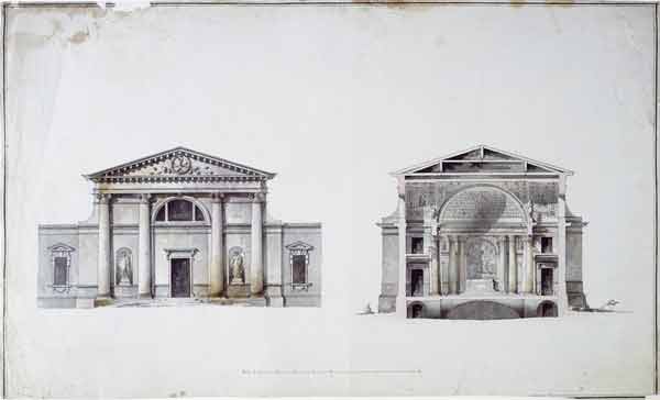 Джакомо Кваренги. Проект Мальтийской капеллы в Санкт-Петербурге. Фасад, поперечный разрез. Около 1798 года. Кисть, перо, тушь, акварель
