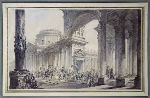 Жан Франсуа Тома де Томон. Архитектурная фантазия с процессией. 1783. Перо, кисть, тушь, акварель

