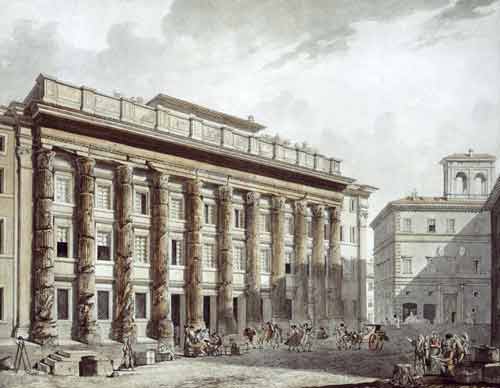 Жан Франсуа Тома де Томон. Вид храма Адриана в Риме (Римская таможня). 1788. Перо, кисть, акварель
