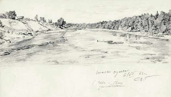 Нижняя Сухона. Слева — боны, заграждения. Рисунок Дм. Голубкова. 6 июля 1966 года
