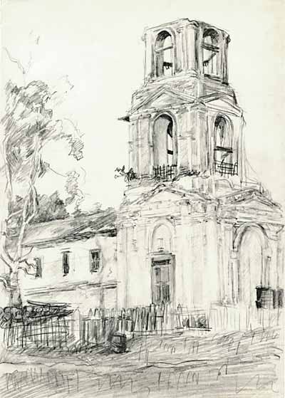 Церковь в селе Старое (Вологодская область). Рисунок Дм. Голубкова. 1 июля 1966 года
