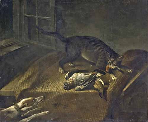 И.Ф.Гроот. Собака и кошка у стола с битой птицей. 1754. Холст, масло. ГРМ
