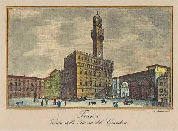Вид Флоренции. Площадь Синьории. Раскрашенная гравюра А.Парбони. 1820–1830-е годы

