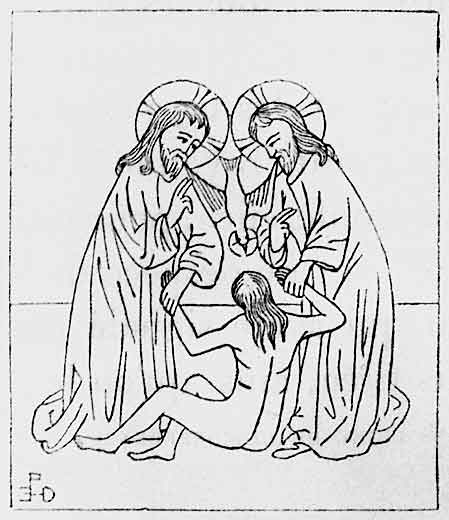 Сотворение Пресвятой Троицей Адама. Иллюстрация из книги А.Дидрона «Иконография христианства»

