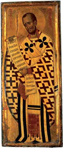 Икона «Святой Иоанн Златоуст». Византия, Синай. Вторая половина XII века. 84x29,5 см. Хранится в алтаре базилики монастыря

