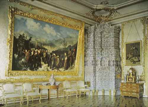 Картина Готфрида Виллевальде «Пленение Шамиля» в Малой Белой столовой Екатерининского дворца. Фотография 1917 года