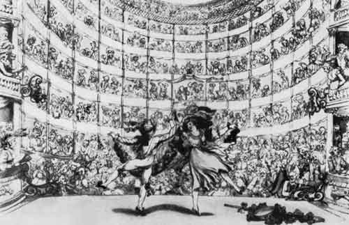 Т.Роуландсон. Роз и Шарль Дидло на сцене лондонского Королевского театра. Конец XVIII века
