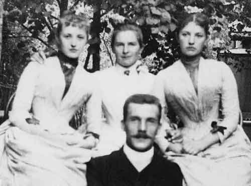 Ольга Леонардовна Книппер (в центре), сестры В.Г.Шухова Ольга (слева) и Александра, Константин Леонардович Книппер на даче в Вешняках. 1885
