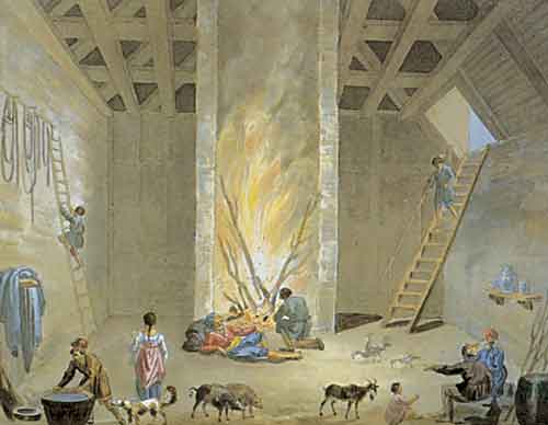 Внутренность избы сибирского бедняка. 1810–1812. Акварель
