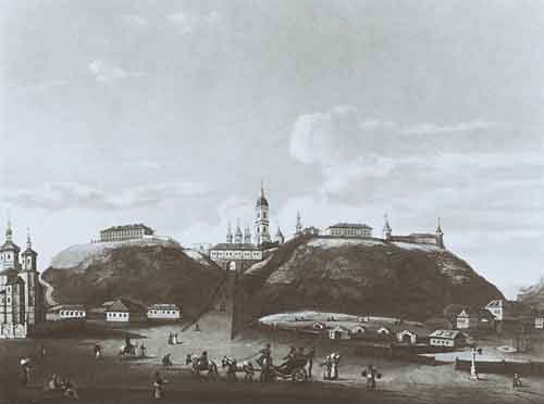 Вид части города Тобольска. Гравюра К.Х.Гессе по рисунку Е.Корнеева. 1802
