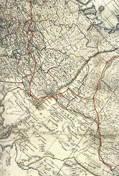 Схема маршрута экспедиции генерала Спренгтпортена нанесена на Генеральную карту Российской империи (1800–1802) красной линией
