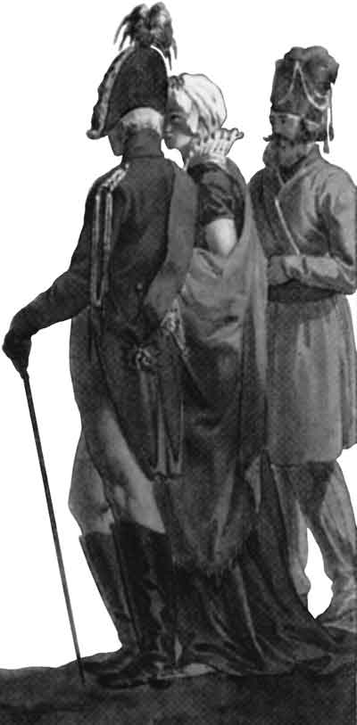 Генерал Е.М.Спренгтпортен с сыном Карлом и женой, урожденной В.Замысской. Фрагмент акварели Е.М.Корнеева «Черкесская пляска». 1803