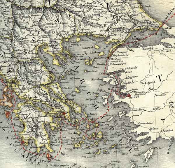 Схема маршрута экспедиции генерала Спренгтпортера по територии Османской империи и Средиземноморью на карте Европы начала XIX века. 
