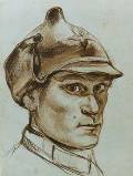 Автопортрет в красноармейском шлеме. 1929. Бумага, цветной карандаш. Собрание семьи художника