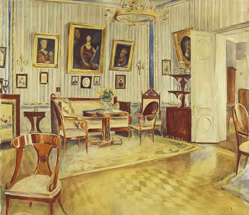 Интерьер Музея мебели на Собачьей площадке. 1930-е годы. Бумага, акварель

